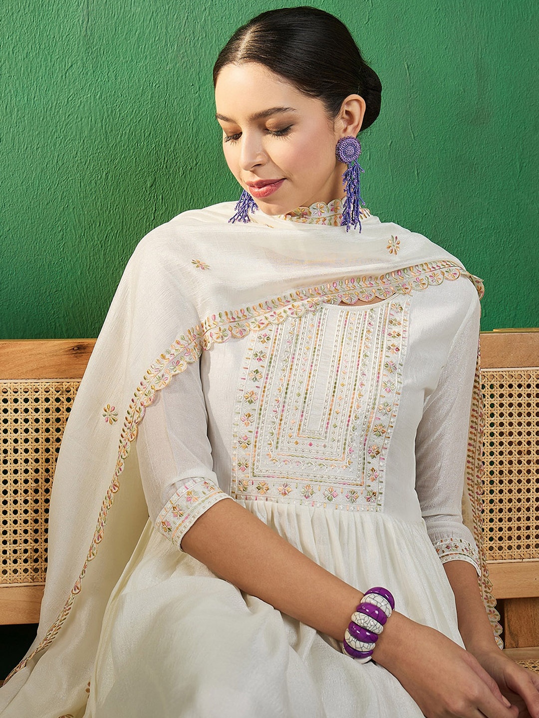 

Sangria Sequin Embroidered Thread Work Anarkali Kurta With Trousers & Dupatta, White