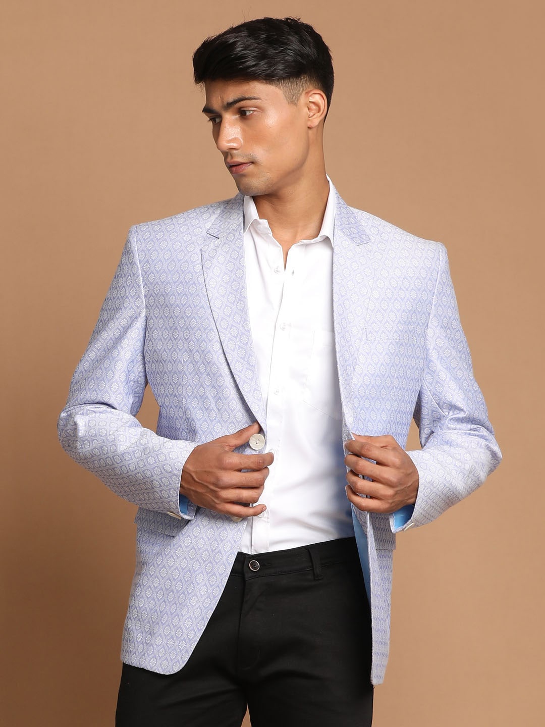 

VASTRAMAY Floral Self-Design Jacquard Single-Breasted Blazer, Lavender