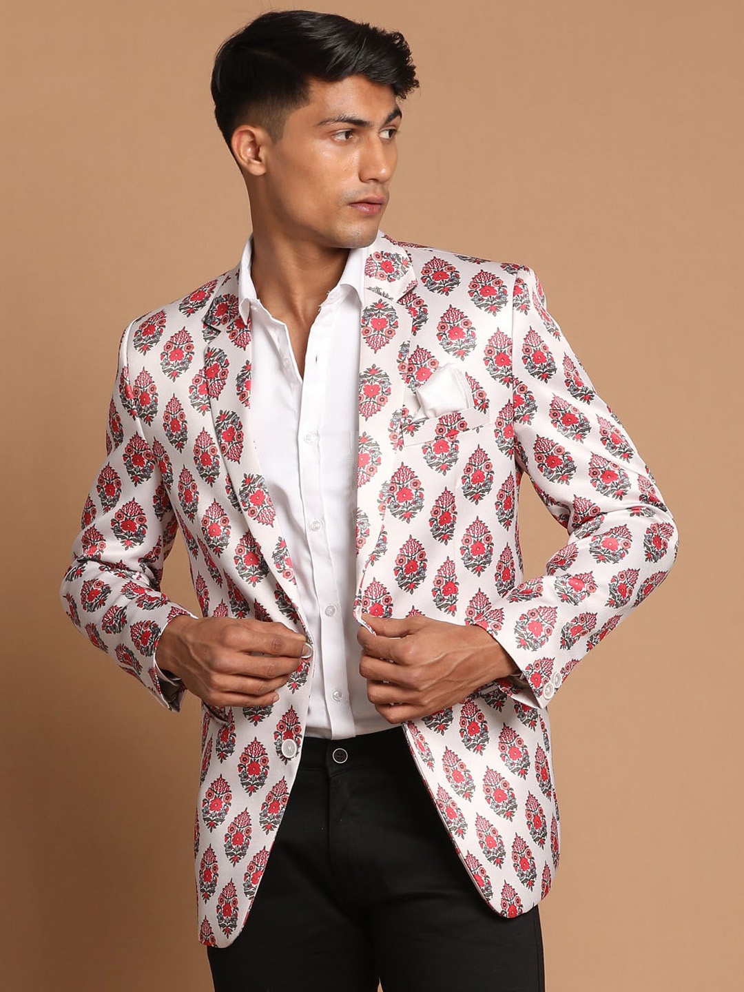 

VASTRAMAY Ethnic Motifs Printed Satin Twill Blazer, Cream