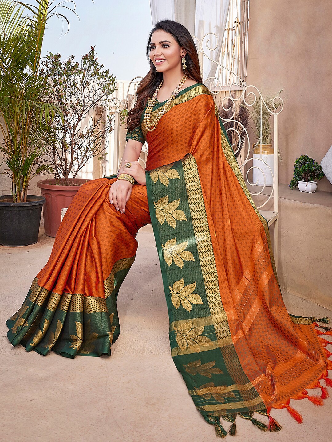 

Mitera Ethnic Motifs Zari Silk Cotton Banarasi Saree, Orange