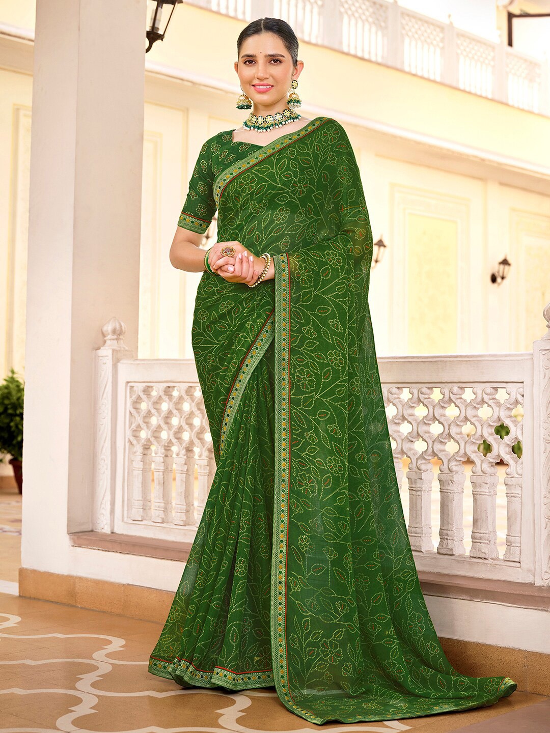 

Mitera Bandhani Printed Pure Chiffon Saree, Olive