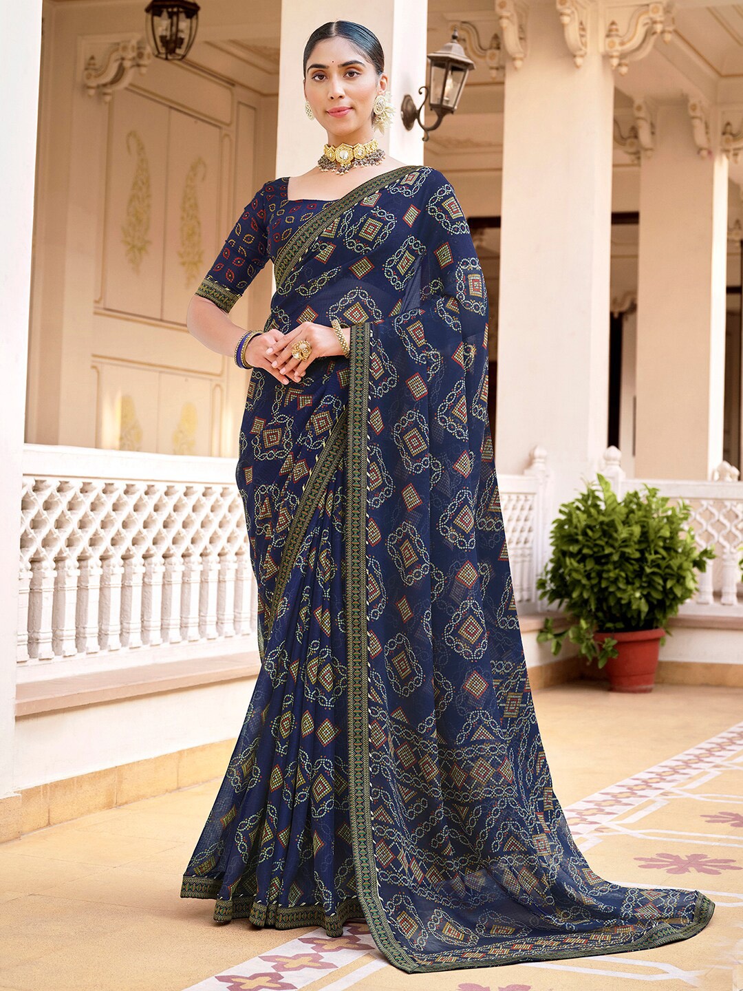 

Mitera Bandhani Pure Chiffon Bandhani Saree, Blue