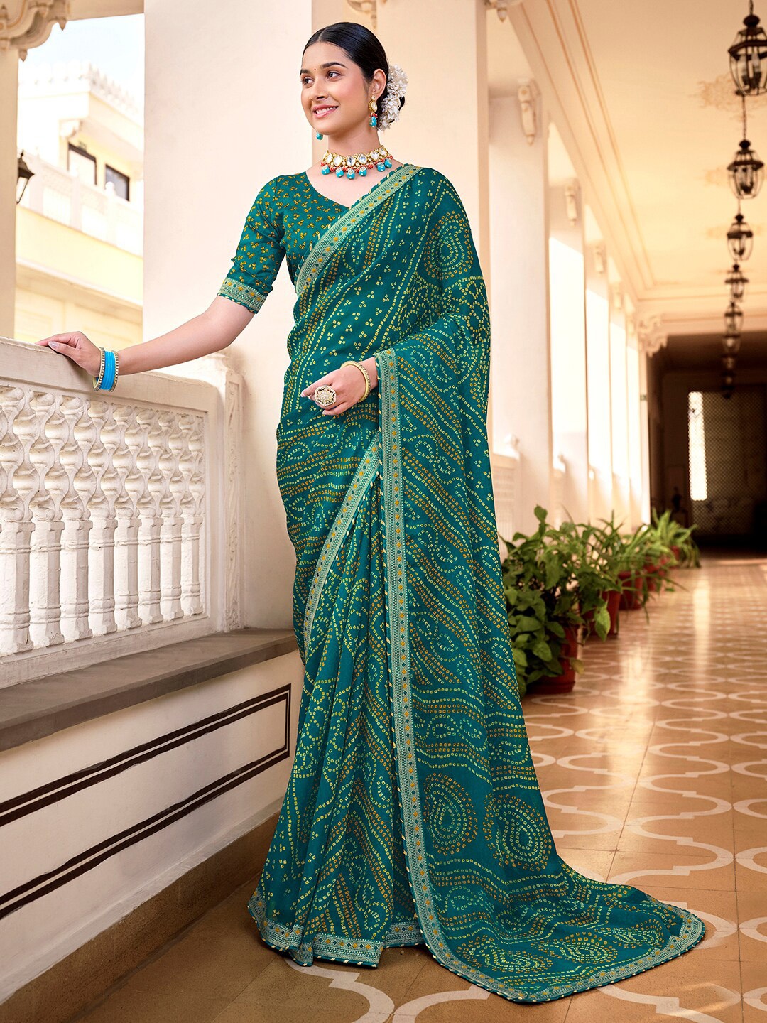 

Mitera Bandhani Pure Chiffon Bandhani Saree, Turquoise blue