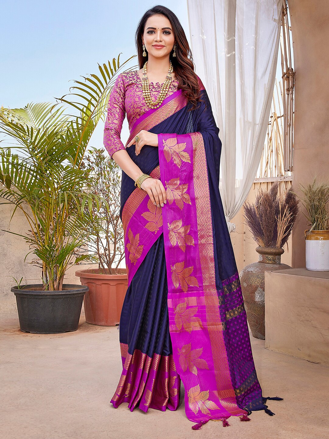 

Mitera Ethnic Motifs Woven Design Zari Silk Cotton Banarasi Saree, Navy blue
