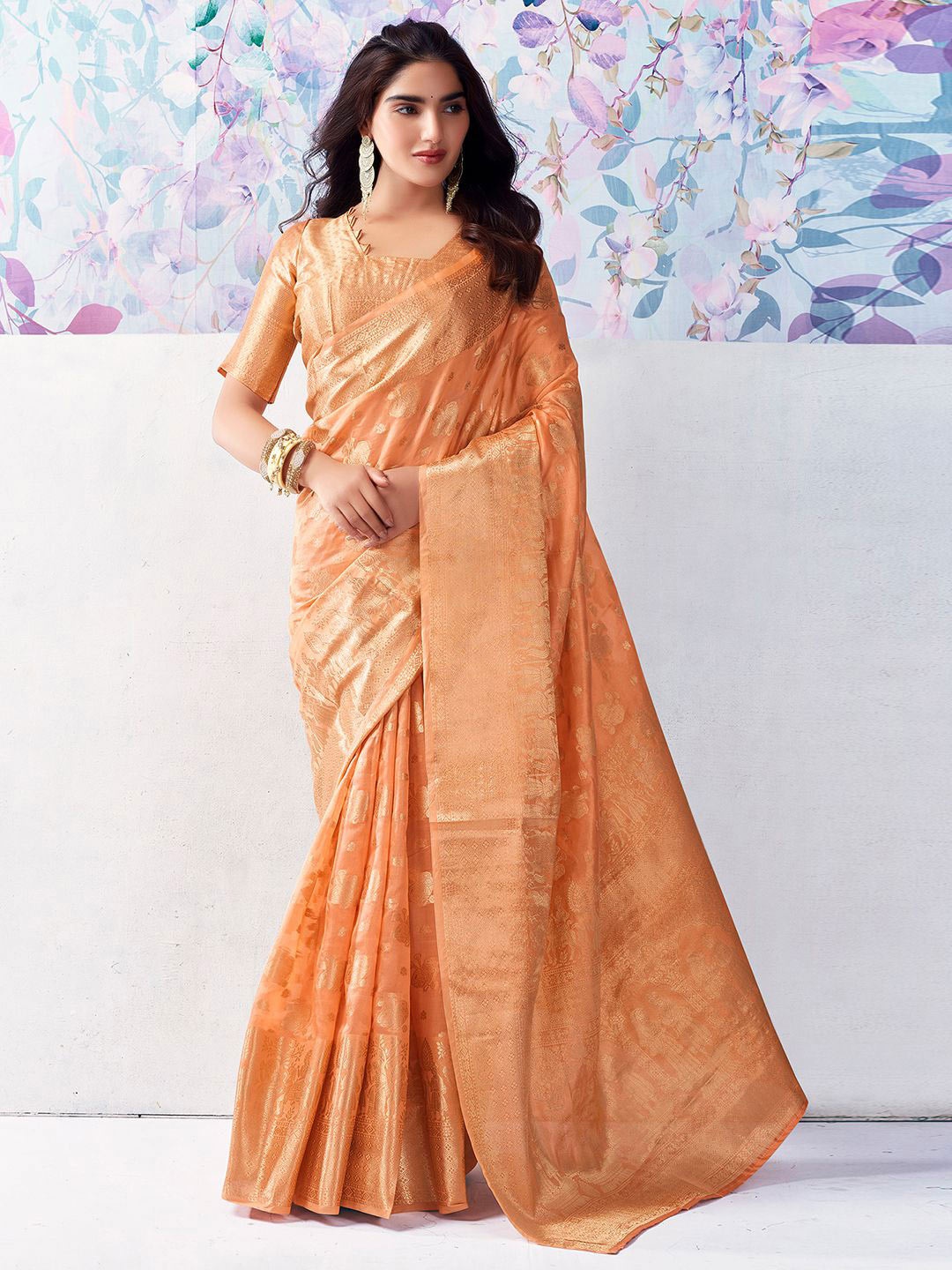 

Mitera Ethnic Motifs Zari Organza Banarasi Saree, Orange