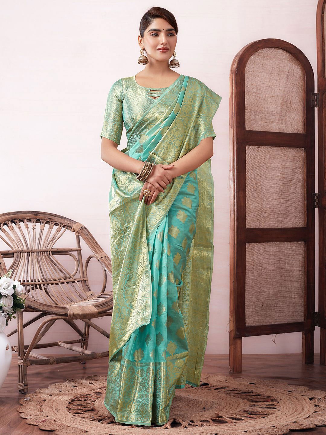 

Mitera Ethnic Motifs Zari Organza Banarasi Saree, Turquoise blue
