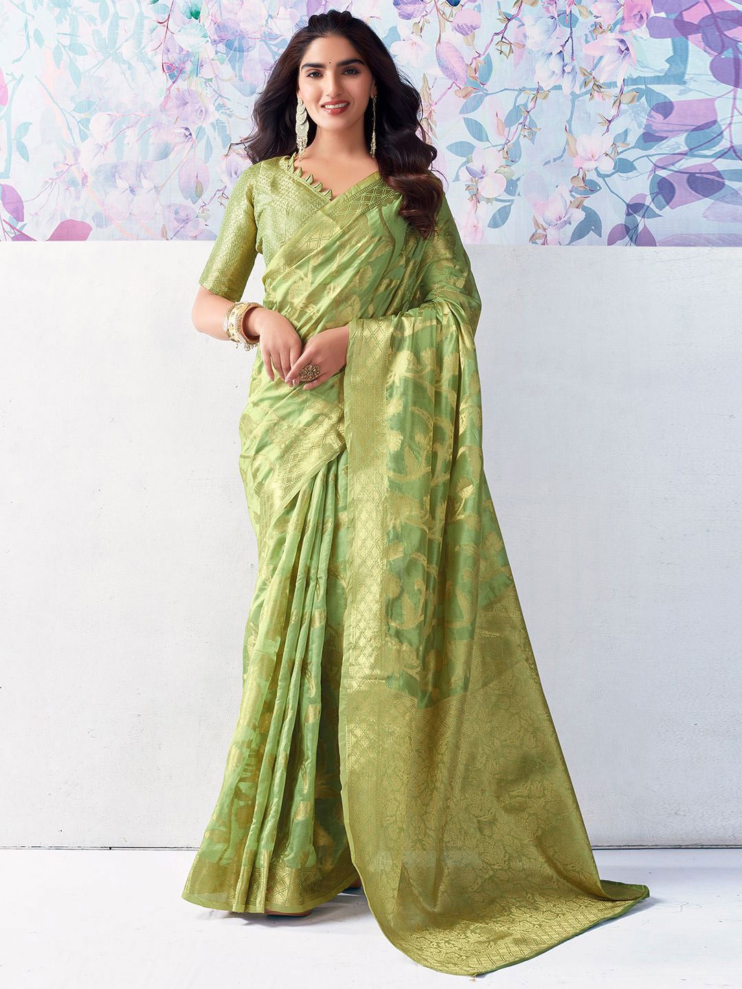 

Mitera Ethnic Motifs Woven Design Zari Organza Banarasi Saree, Lime green