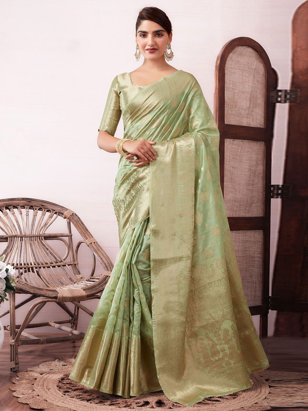 

Mitera Ethnic Motifs Woven Design Zari Organza Banarasi Saree, Lime green