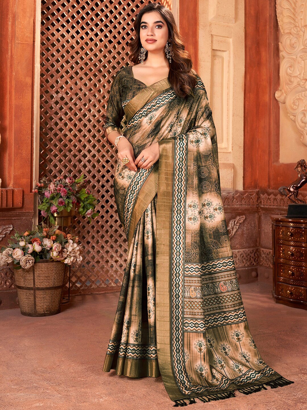 

Mitera Floral Printed Zari Saree, Brown