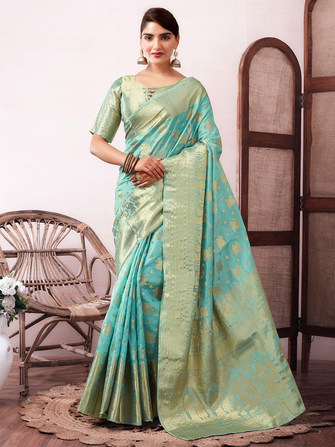 

Mitera Ethnic Motifs Zari Organza Banarasi Saree, Turquoise blue