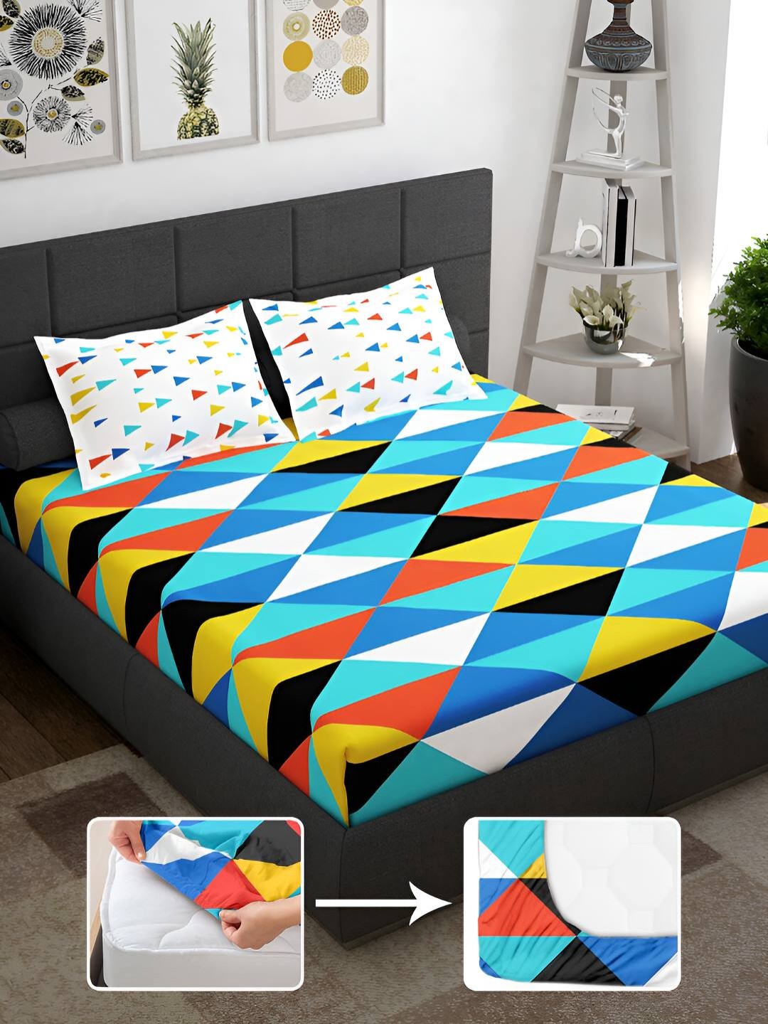 

Story@home Blue & Yellow Geometric 144 TC King Fitted Bedsheet with 2 Pillow Covers