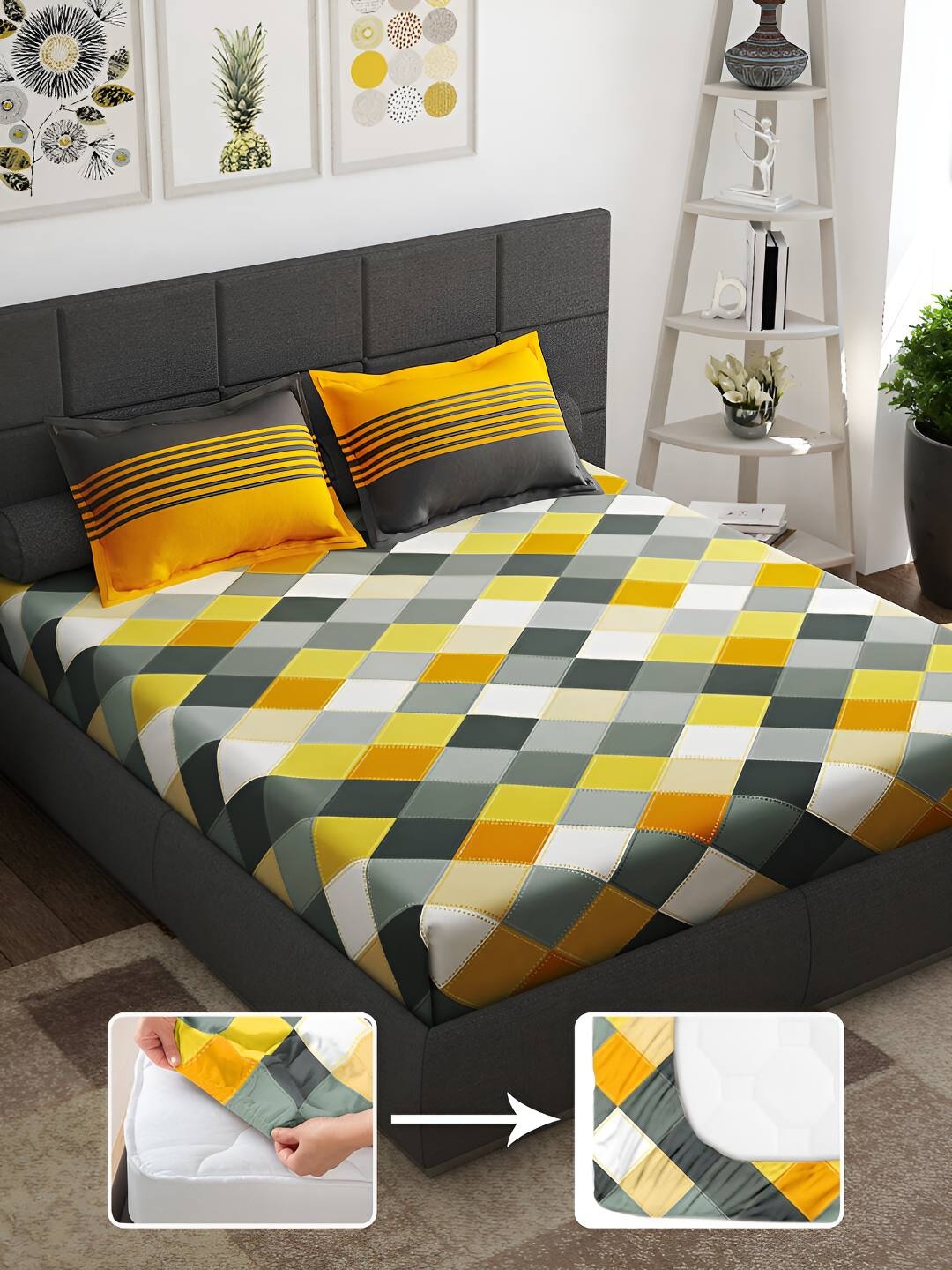 

Story@home Grey & Blue Geometric 144 TC King Fitted Bedsheet with 2 Pillow Covers