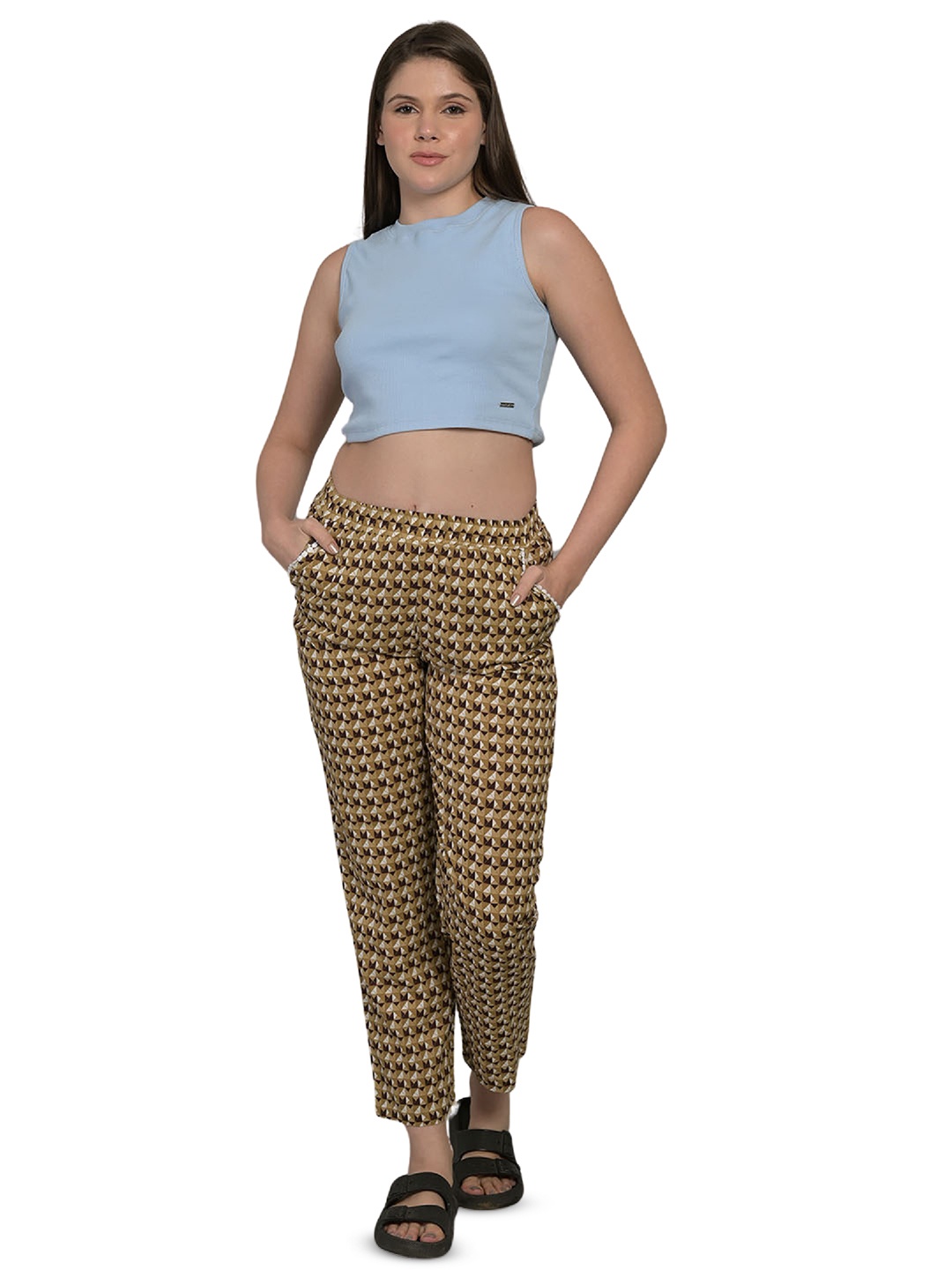 

MAYSIXTY Women Geometric Printed Lounge Pants, Brown
