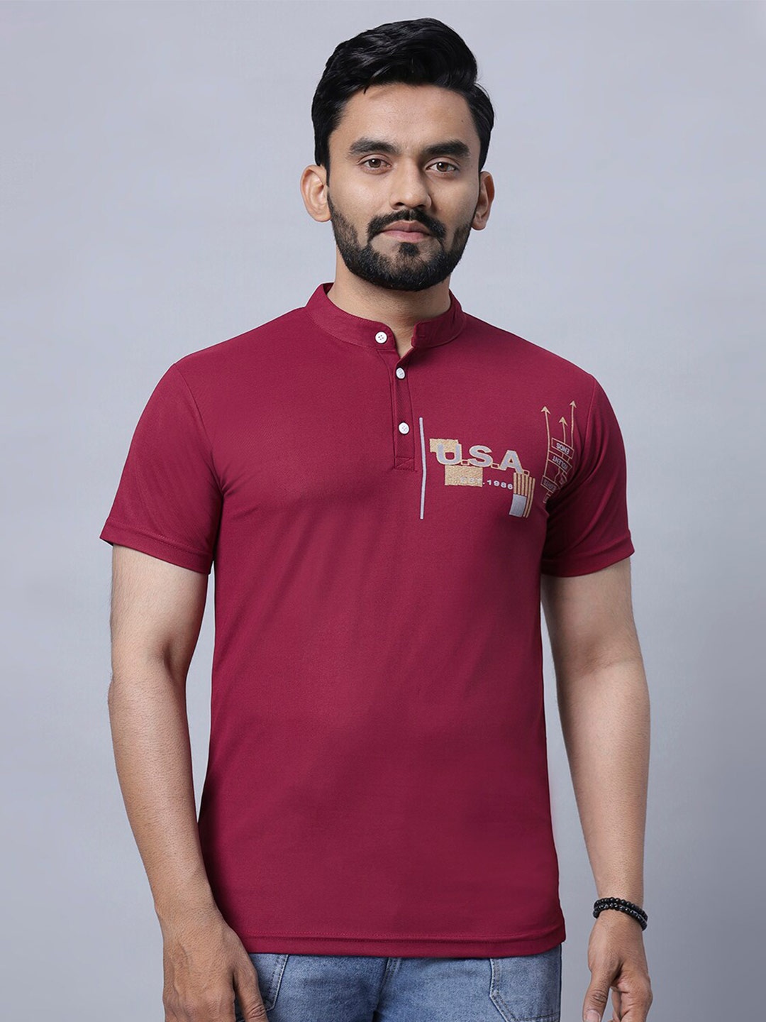 

N AND J Mandarin Collar Short Sleeves Cotton T-shirt, Maroon