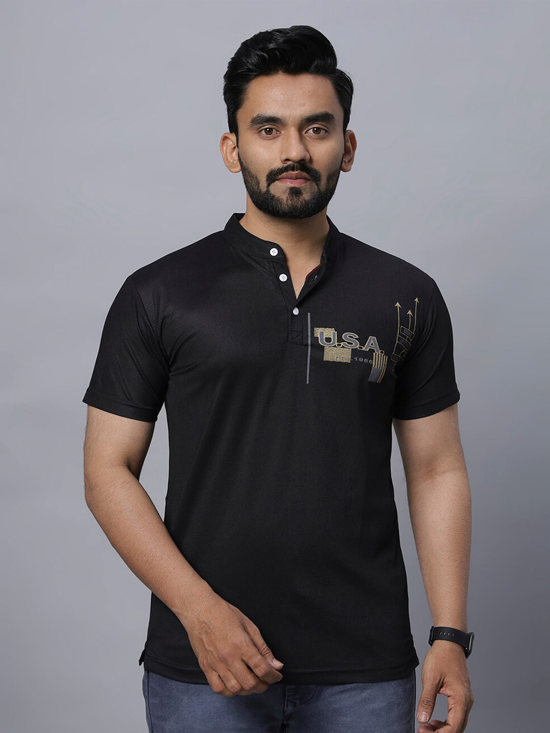 

N AND J Mandarin Collar Short Sleeves Cotton T-shirt, Black