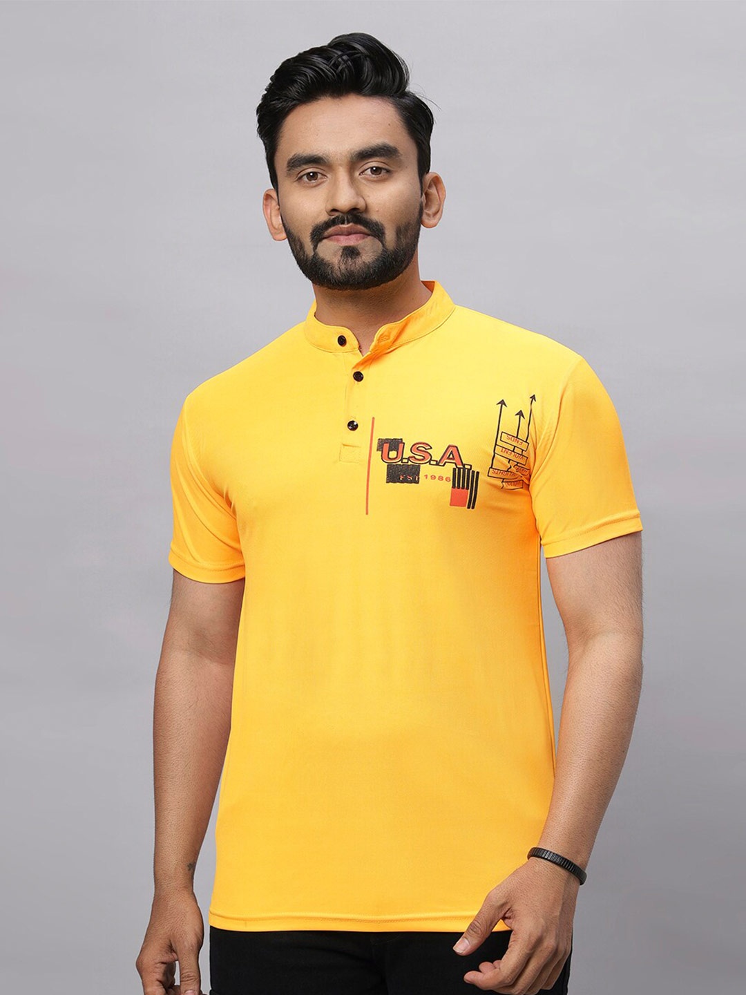 

N AND J Mandarin Collar Typography Printed Cotton T-shirt, Yellow
