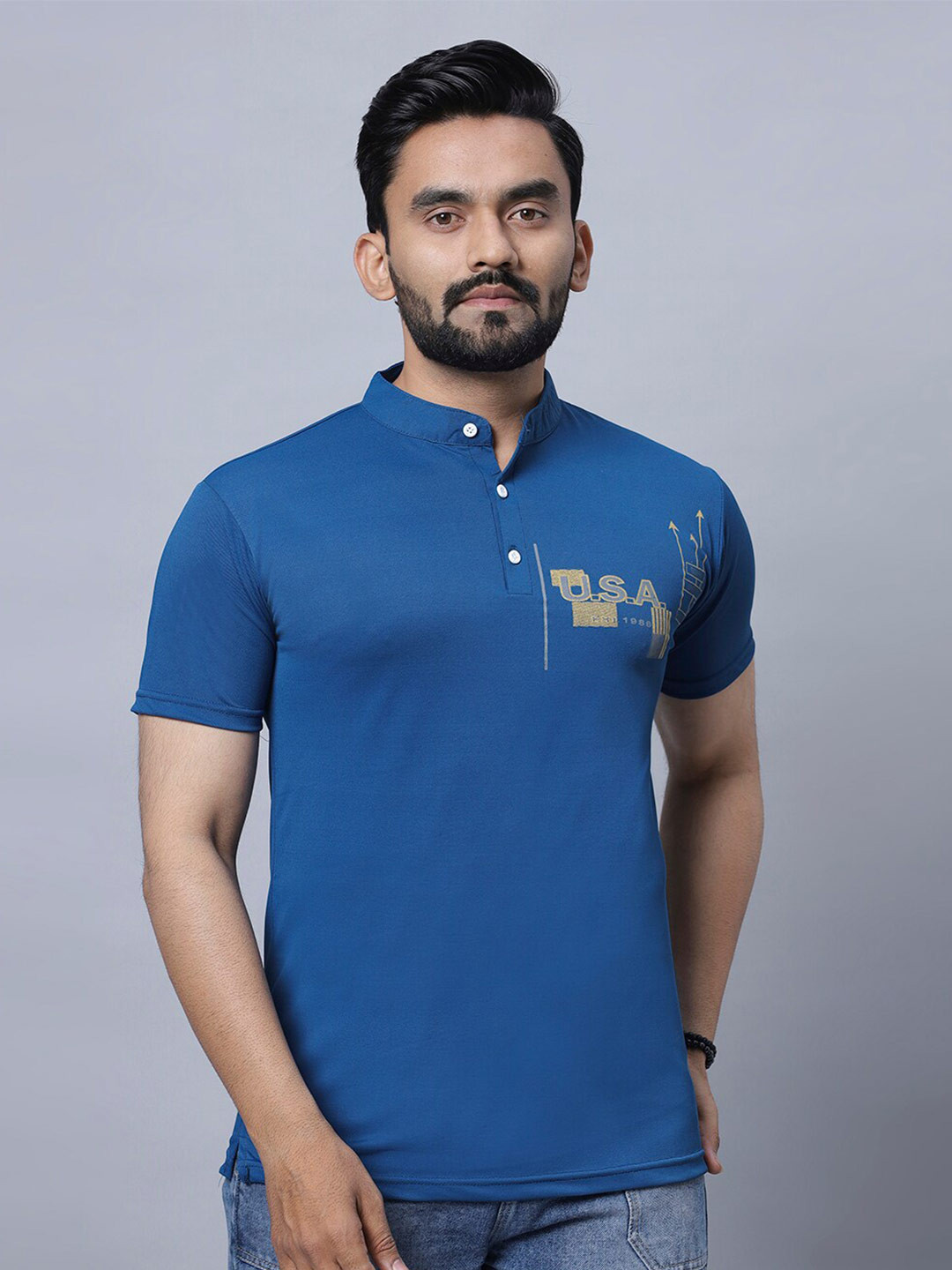 

N AND J Mandarin Collar Short Sleeves Printed Cotton T-shirt, Blue