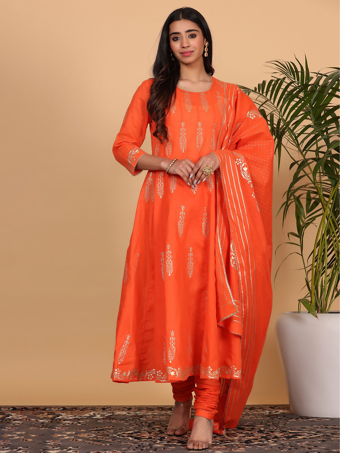 

KAANCHIE NANGGIA Floral Printed Pure Cotton Anarkali Kurta with Churidar & Dupatta, Orange