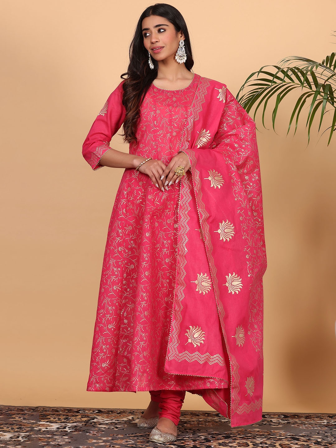 

KAANCHIE NANGGIA Floral Printed Pure Cotton Anarkali Kurta with Churidar & Dupatta, Pink