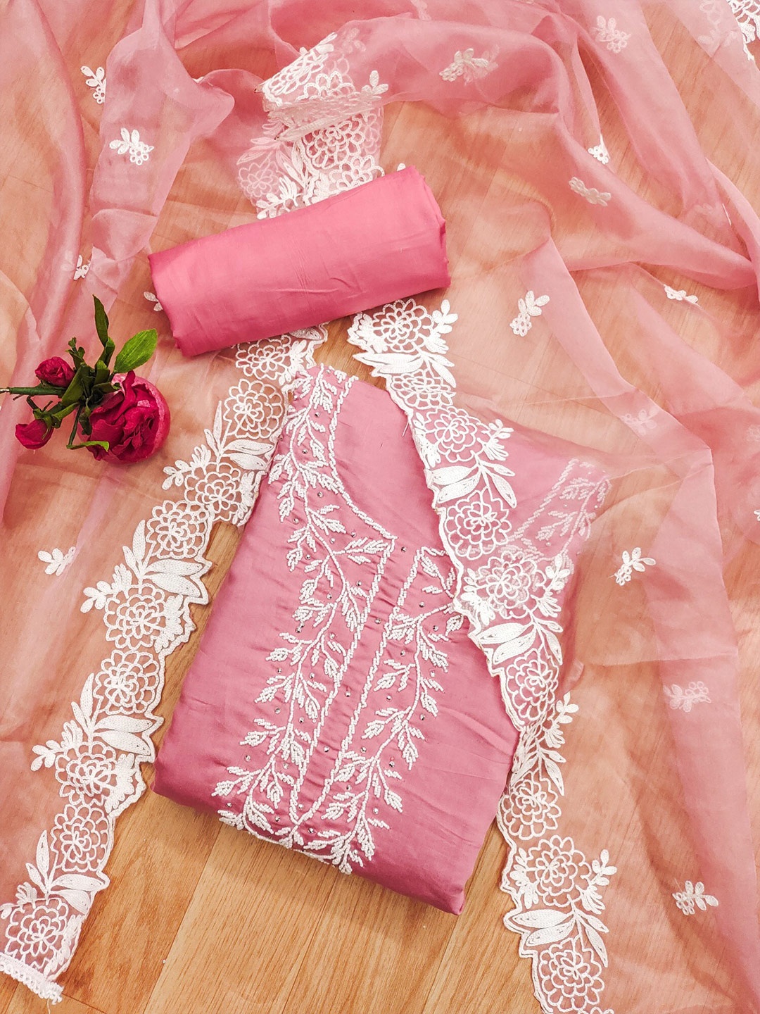 

KALINI Embellished Unstitched Dress Material, Pink
