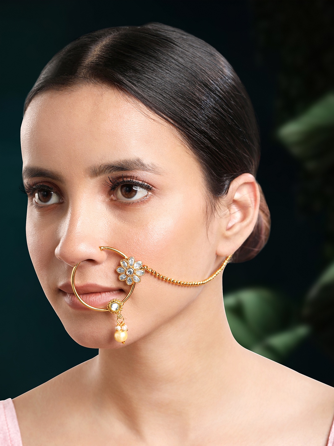 

Peora Gold-Plated Kundan Studded & Beaded Chained Nosepin