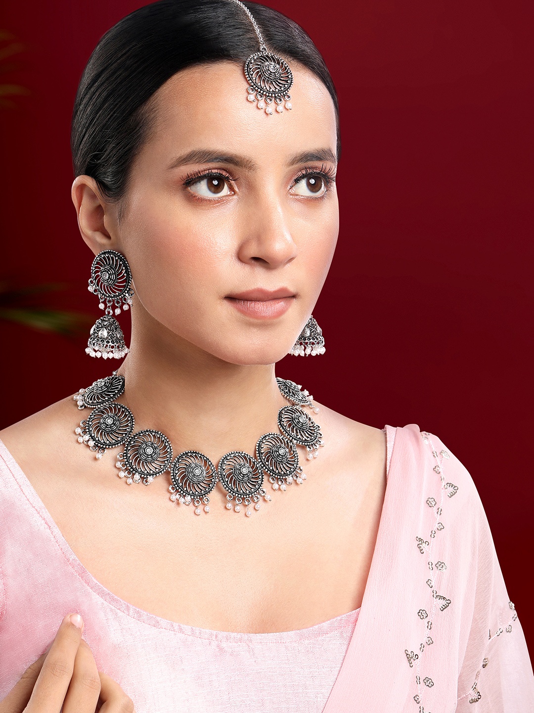 

Peora Silver-Plated Stone-Studded & Beaded Jewellery Set