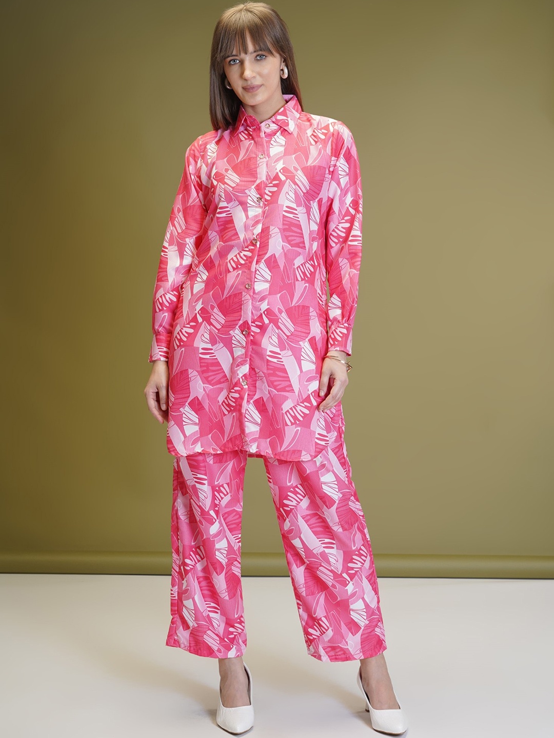 

LeeliPeeri Designer Printed Shirt Collar Neck Shirt & Flared Palazzo, Pink