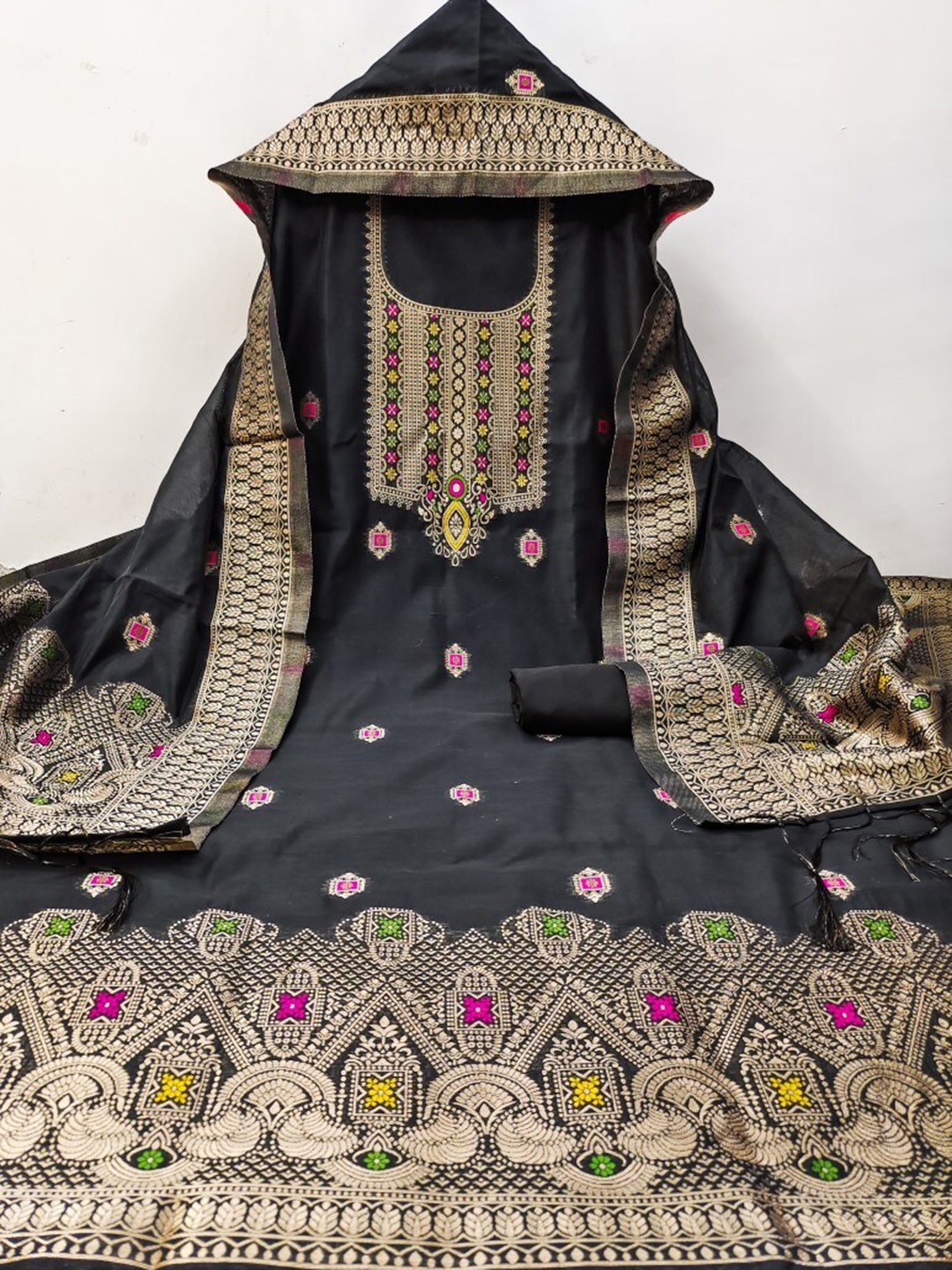 

Momina Fashion Ethnic Motifs Woven Design Zari Pure Silk Unstitched Dress Material, Black