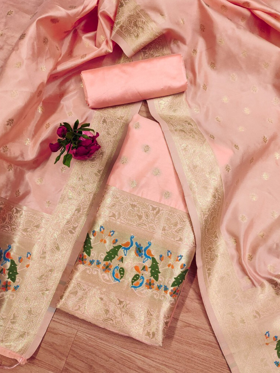 

Momina Fashion Floral Woven Design Unstitched Dress Material, Peach