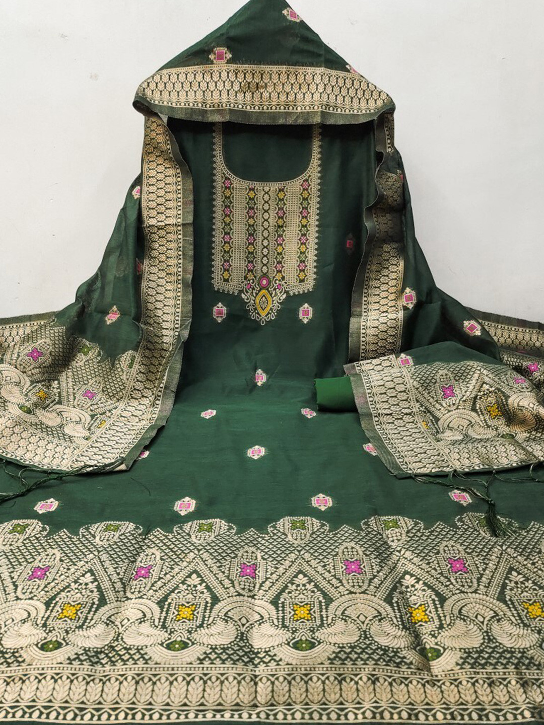 

Momina Fashion Ethnic Motifs Woven Design Pure Silk Unstitched Dress Material, Green