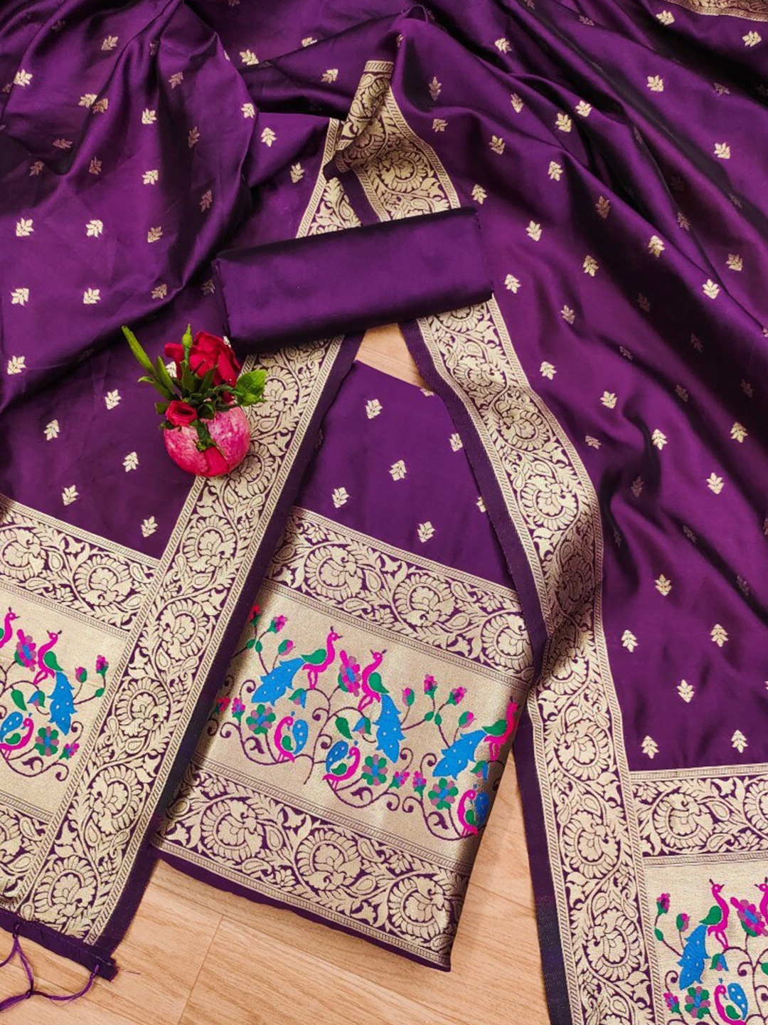 

Momina Fashion Floral Woven Design Zari Unstitched Dress Material, Purple