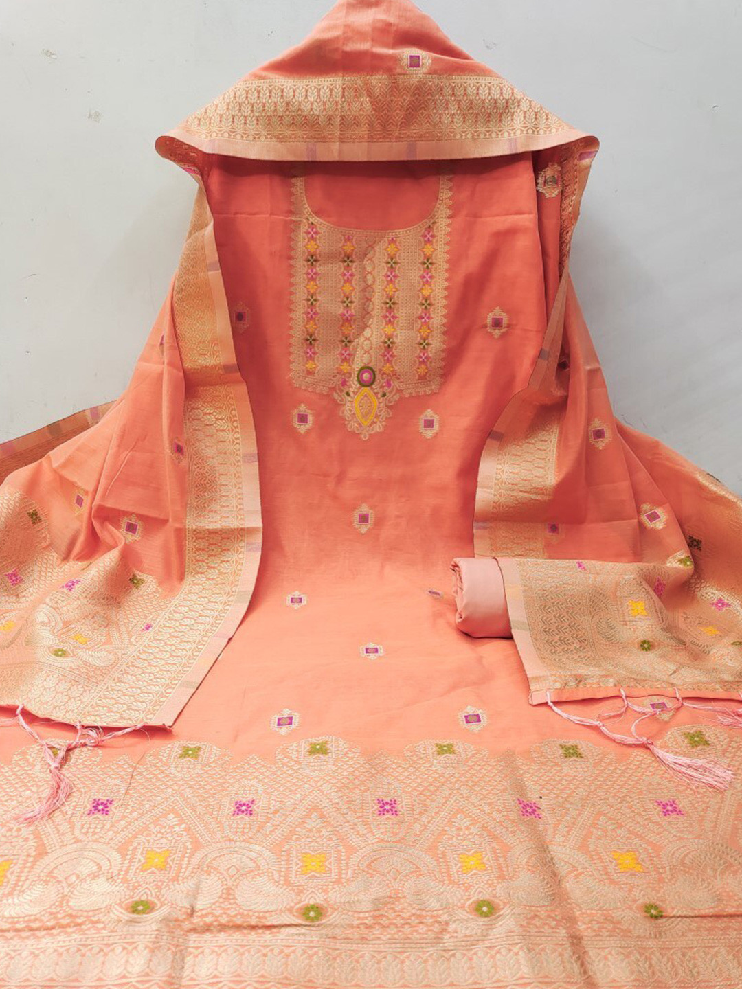 

Momina Fashion Ethnic Motifs Woven Design Pure Silk Unstitched Dress Material, Peach