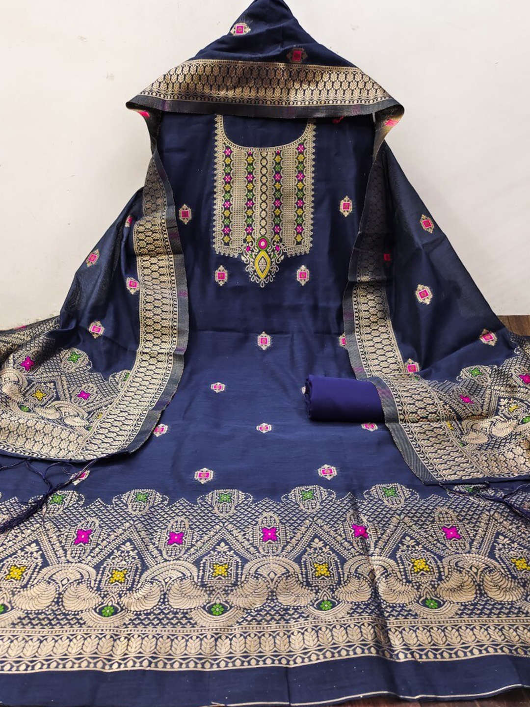 

Momina Fashion Pure Silk Ethnic Motifs Woven Design Unstitched Dress Material, Blue