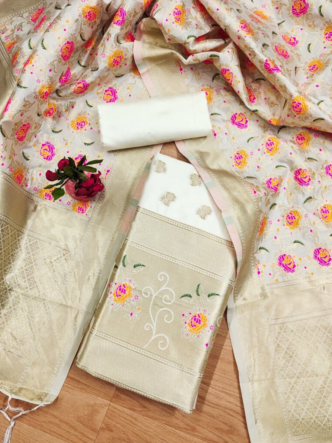 

Momina Fashion Floral Woven Design Zari Unstitched Dress Material, White