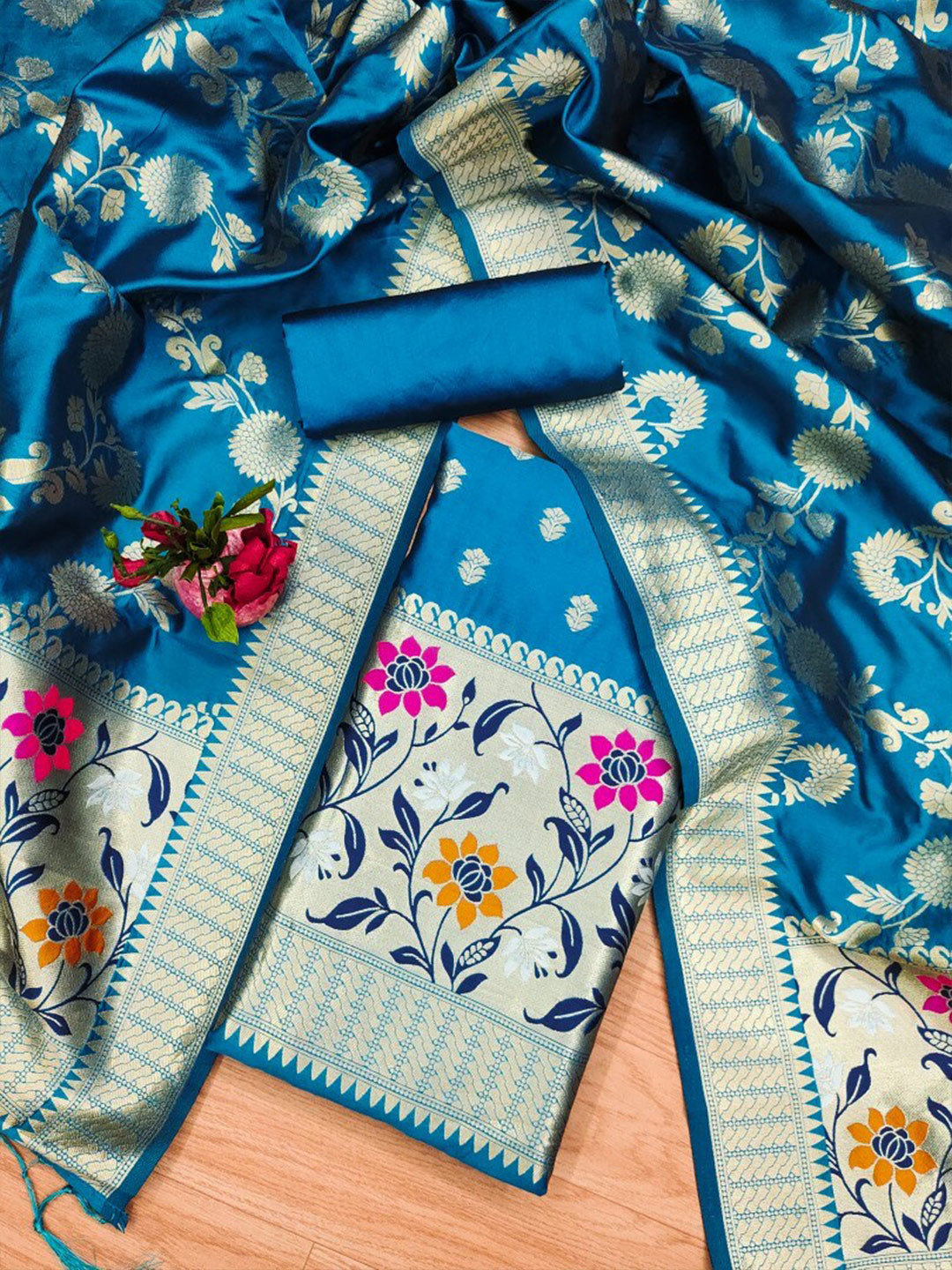

Momina Fashion Floral Woven Design Unstitched Dress Material, Blue