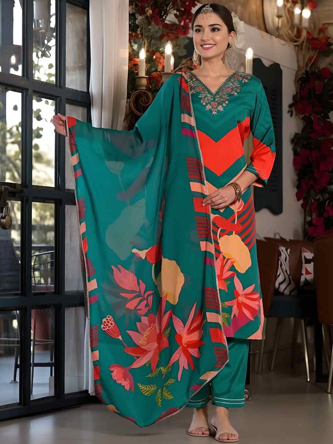 

KALINI Printed V-Neck Three-Quarter Sleeves Sequinned Kurta Set, Teal