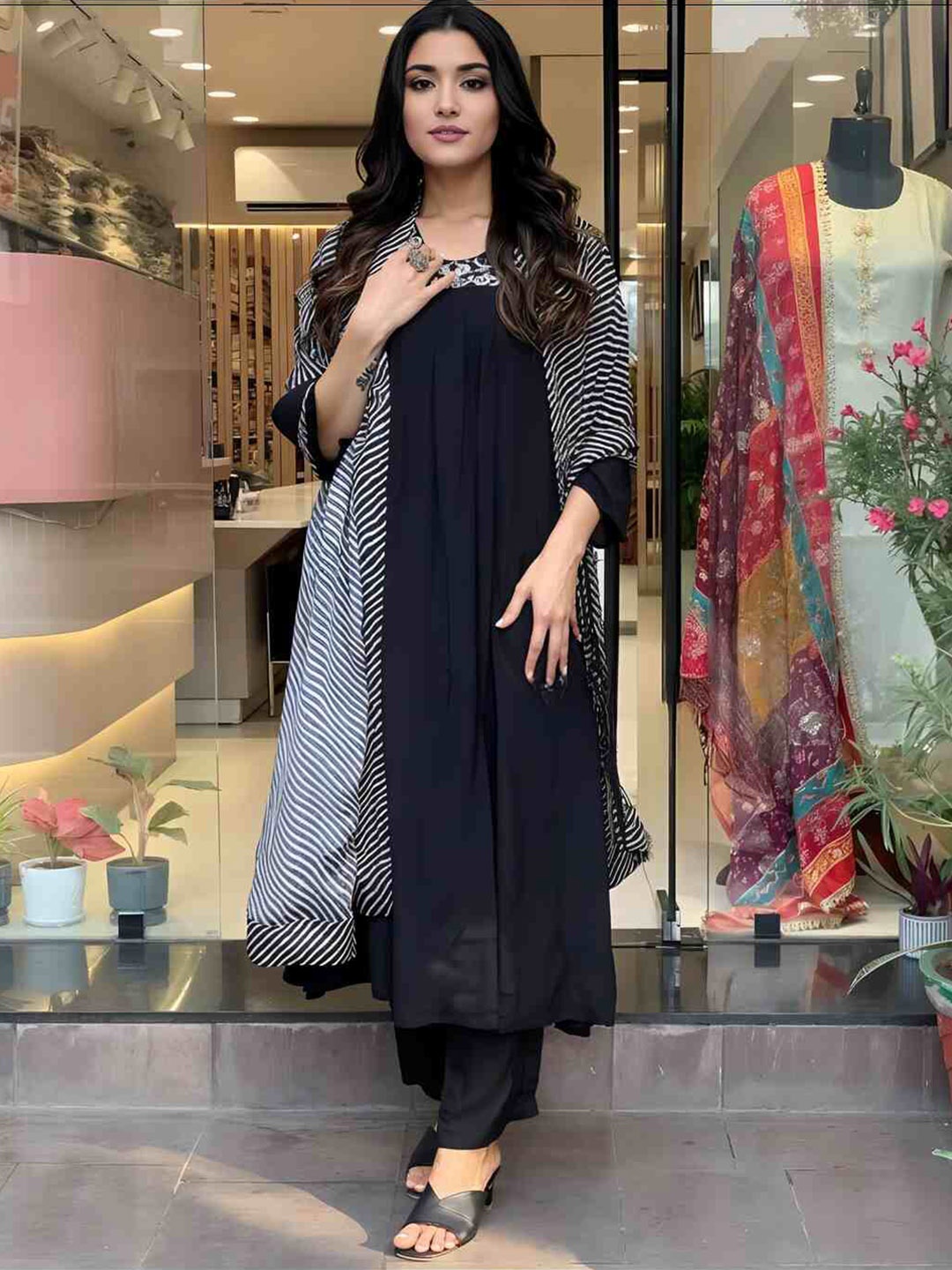 

KALINI Floral Yoke Design Regular Mirror Work Kurta with Trousers & Dupatta, Black