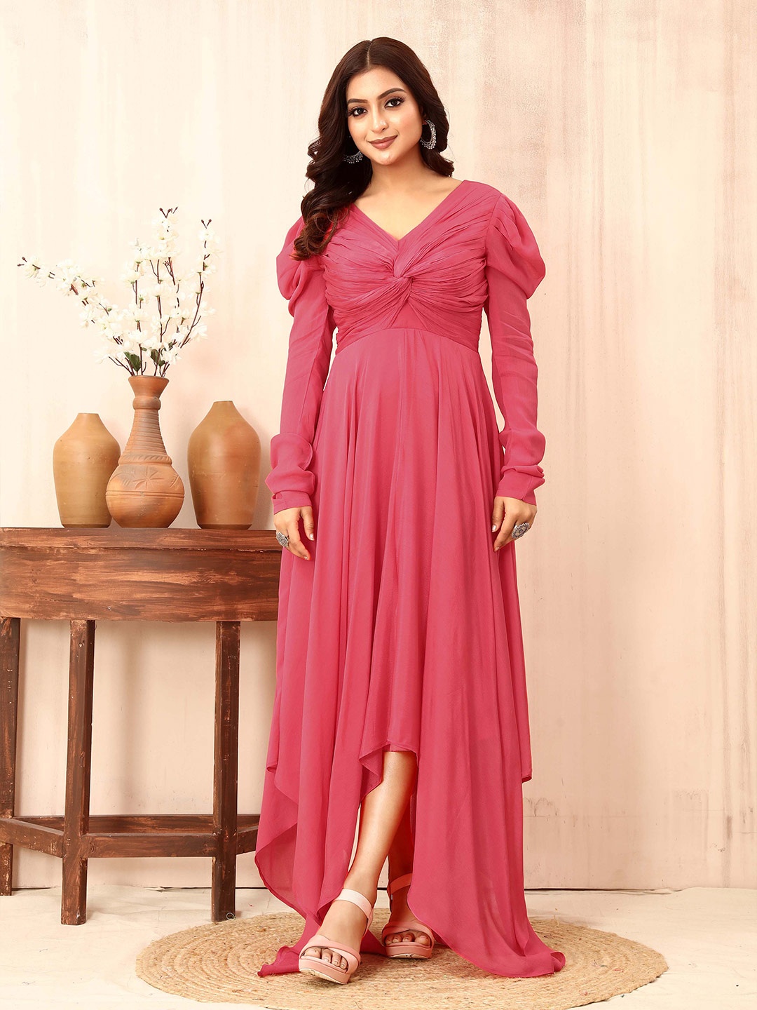 

TWAM SUNDARA Chiffon Empire Maxi Dress, Pink