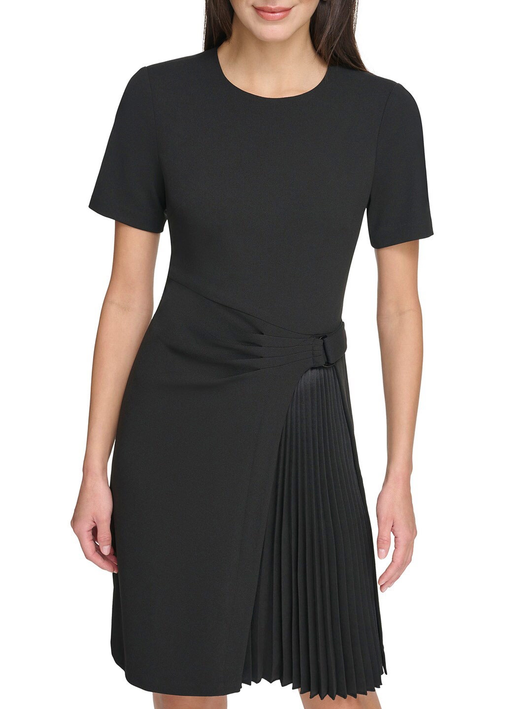 

DKNY Striped Round Neck A-Line Dress, Black