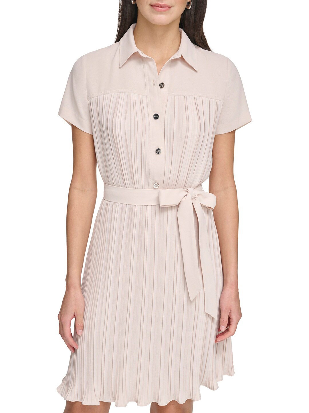 

DKNY Striped Shirt Collar Short Sleeves Shirt Casual Dress Comes With A Belt, Beige