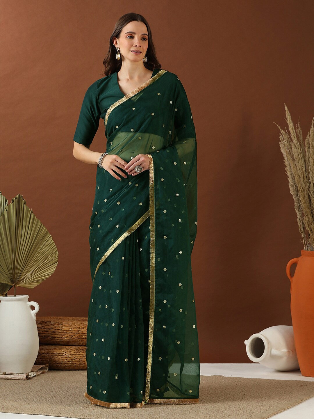 

Inddus Floral Sequinned Organza Saree, Green