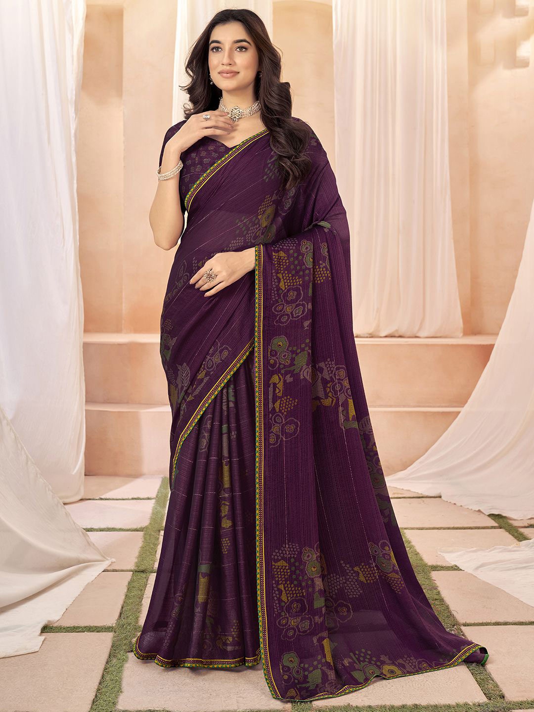 

Satrani Beads and Stones Pure Chiffon Ikat Saree, Magenta