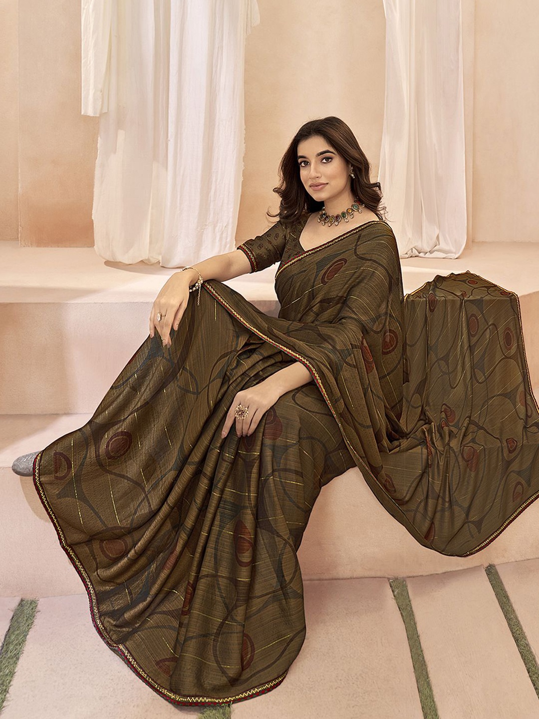 

Satrani Beads and Stones Pure Chiffon Ikat Saree, Olive