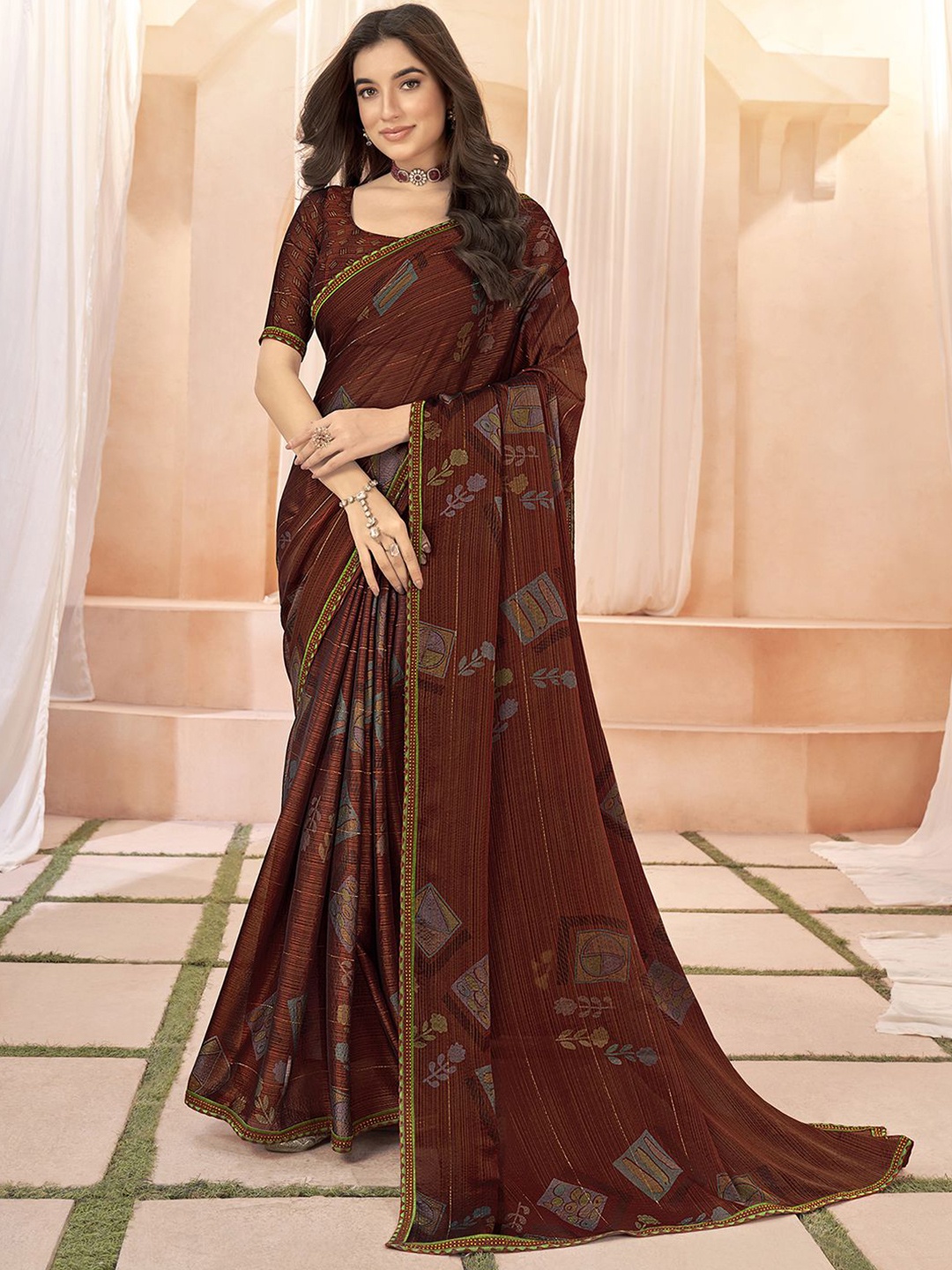 

Satrani Beads and Stones Pure Chiffon Ikat Saree, Maroon