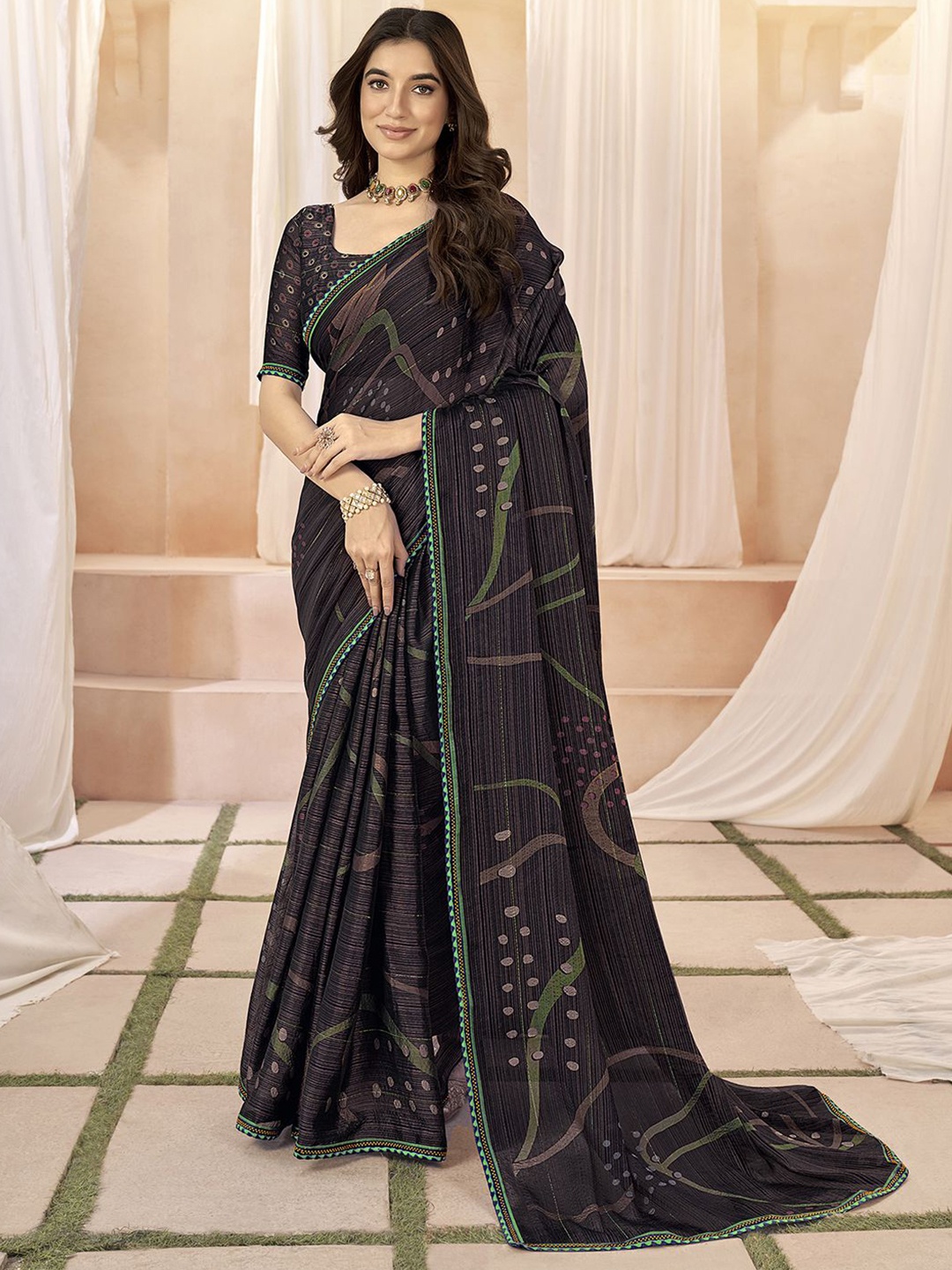 

Satrani Floral Beads and Stones Pure Chiffon Ikat Saree, Brown