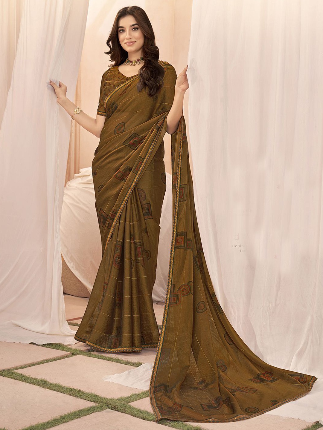 

Satrani Beads and Stones Pure Chiffon Ikat Saree, Mustard