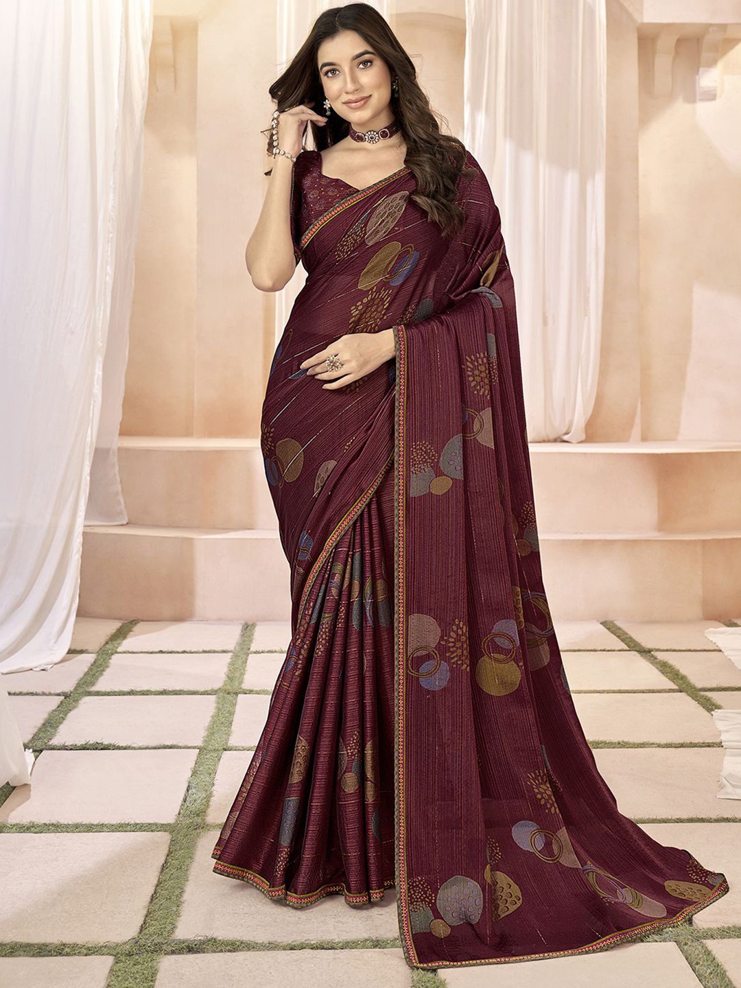 

Satrani Beads and Stones Pure Chiffon Ikat Saree, Purple