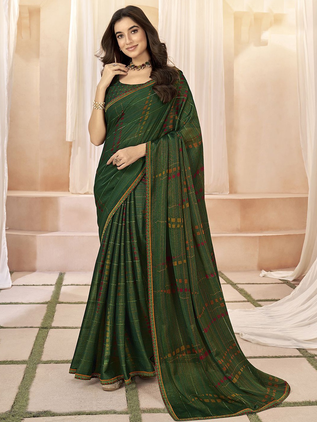 

Satrani Beads And Stones Pure Chiffon Ikat Saree, Green