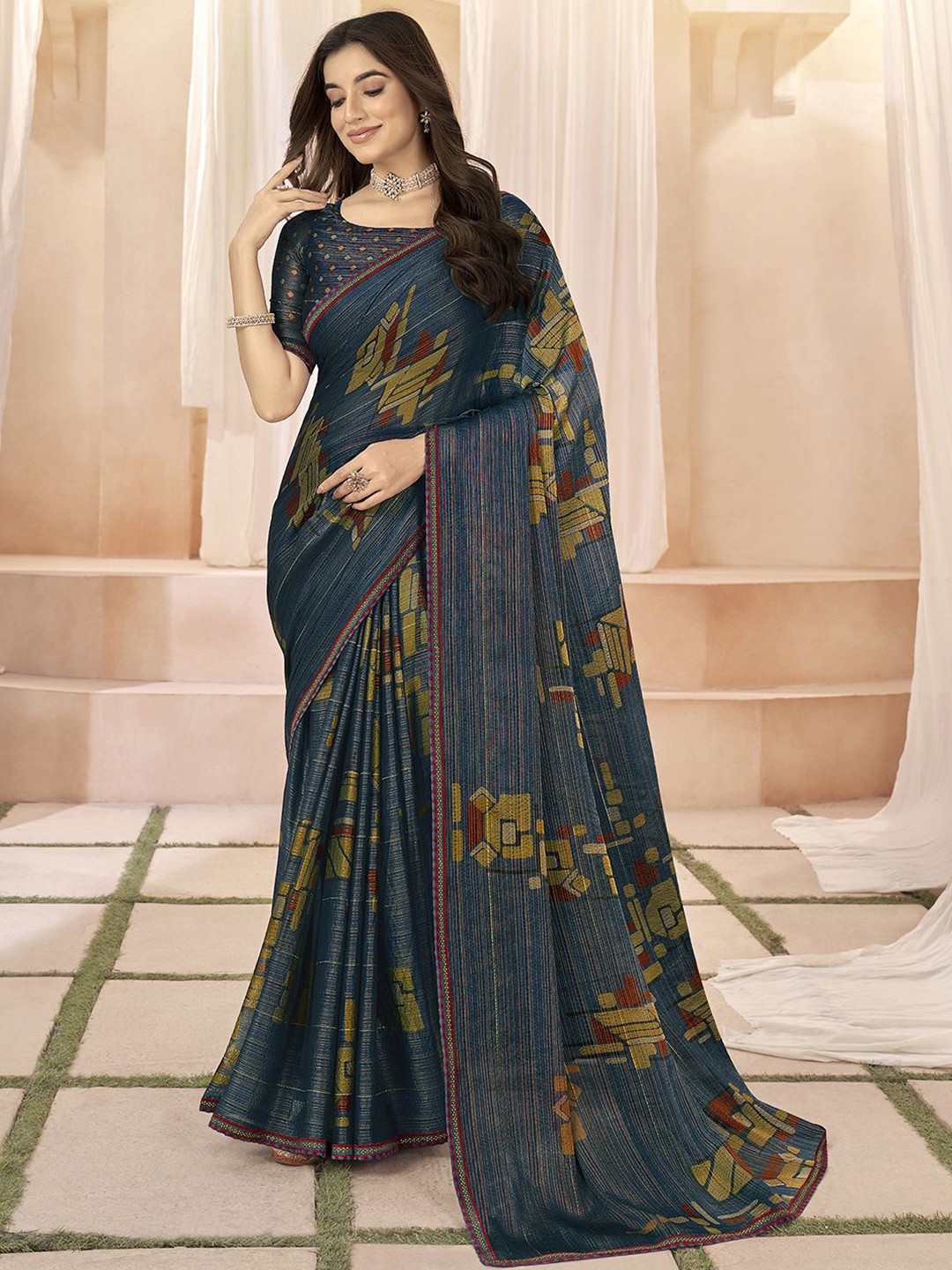 

Satrani Beads and Stones Pure Chiffon Ikat Saree, Teal