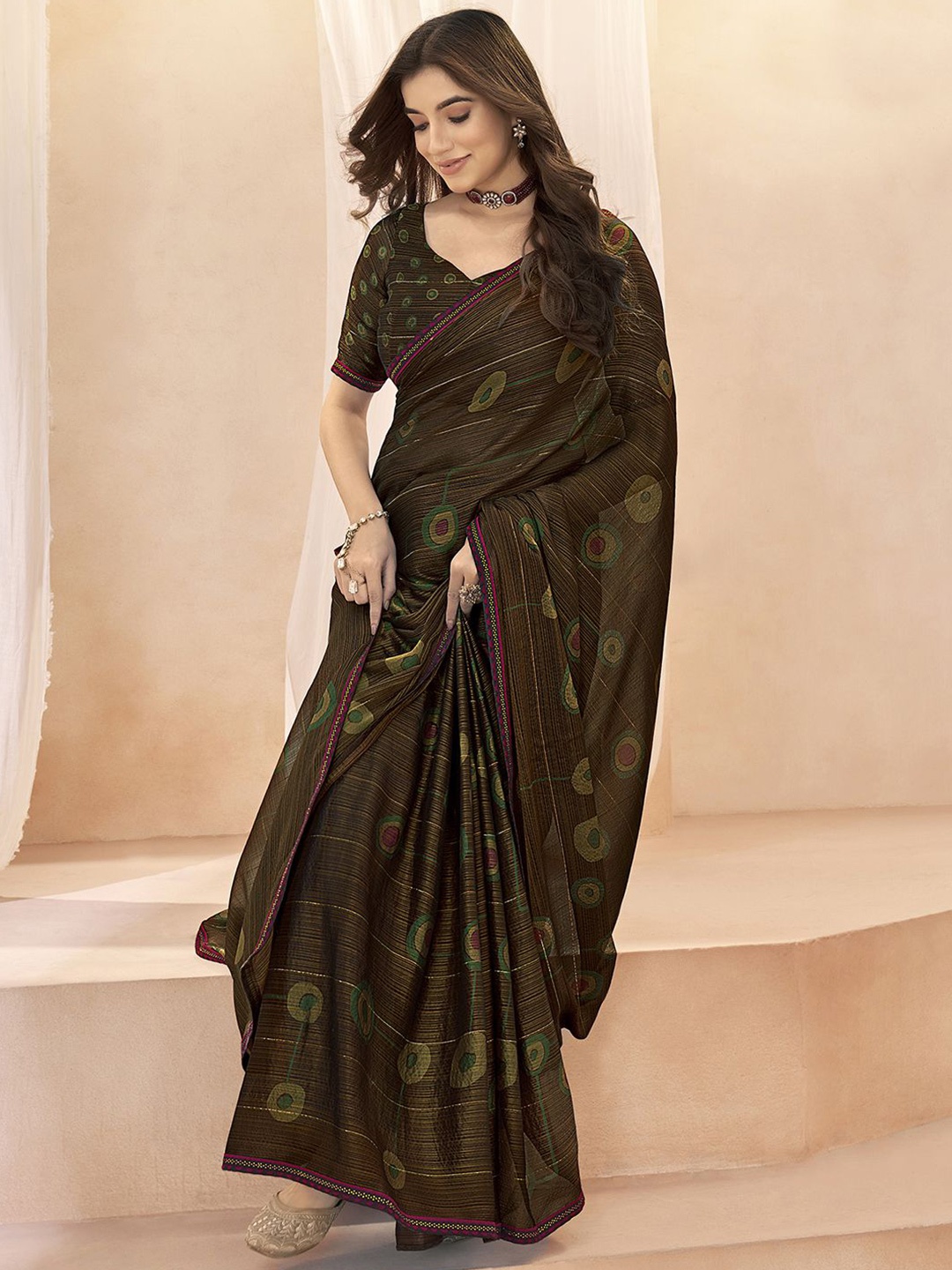 

Satrani Beads and Stones Pure Chiffon Ikat Saree, Brown